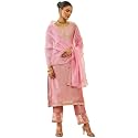 Soch Womens Onion Pink Chanderi Zari Embroidered Straight Suit Set with Dupatta