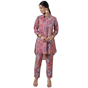 soch womens fit and flare crepe blend high low botanical print co-ord set