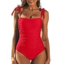 SOCIALA Womens One Piece Swimsuits Tummy Control Ruched Monokini Bathing Suits, Red, X-Large