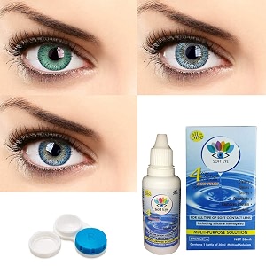 soft eye 3 pair blue sky blue and turquoise 0 power monthly contact lens 0 dioptres 6  multi plus solution with lens storage box