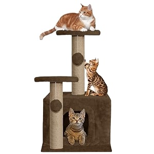soft fur activity cat tree - natural sisal rope condo with sisal scratching post hanging ball toys for cats and kittens height 26 inch brown - furr-25