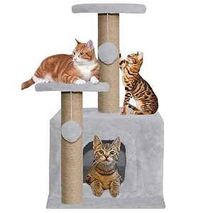 soft fur activity cat tree - natural sisal rope condo with sisal scratching post hanging ball toys for cats and kittens height 26 inch grey - furr-25