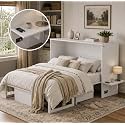 Softa Queen Murphy Bed Cabinet with Storage Drawer & Charging Station, 1200 LBS Heavy Duty Wood Wall Bed with Fold-Down Desk for Guest Room & Home Office, No Box Spring Needed
