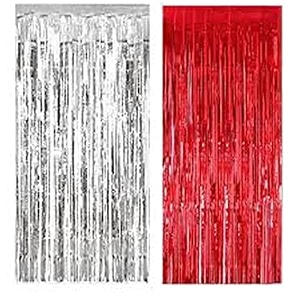 soi foil metallic tinsel fringe big size curtains for birthday anniversaries graduation retirement baby shower decoration pack of 2 red silver