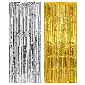 soi metallic tinsel fringe big size curtains for birthday anniversaries graduation retirement baby shower decoration pack of 2 silver gold  fringe curtains for decoration