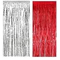 SOI Foil Metallic Tinsel Fringe Big Size Curtains for Birthday, Anniversaries, Graduation, Retirement, Baby Shower Decoration (Pack of 2) (Red Silver)