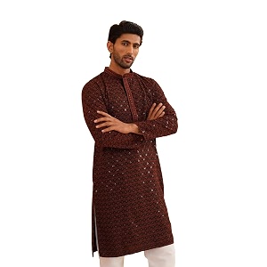 sojanya men39s coffee brown cotton blend kurta with intricate embroidery amp subtle sequin work