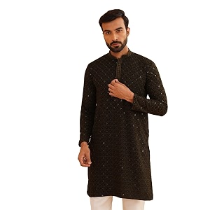 sojanya men39s coffee brown cotton blend kurta with intricate embroidery amp subtle sequin work