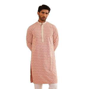 sojanya men39s coffee brown cotton blend kurta with intricate embroidery amp subtle sequin work