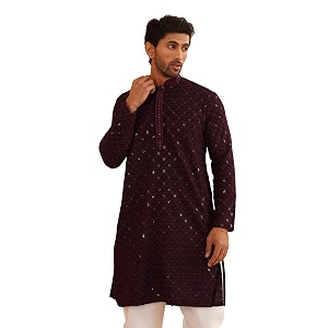 sojanya men39s coffee brown cotton blend kurta with intricate embroidery amp subtle sequin work