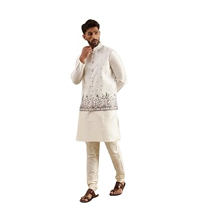 SOJANYA Mens Silk Blend Cream Kurta and