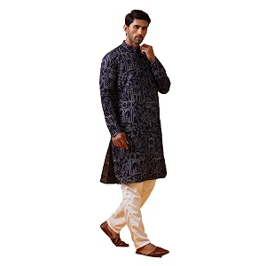 sojanya since 1958 men39s cotton silk kantha thread embroidered kurta with white pyjama
