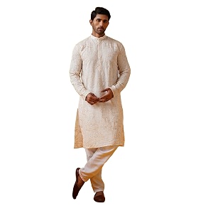 sojanya since 1958 men39s cotton silk kantha thread embroidered kurta with white pyjama