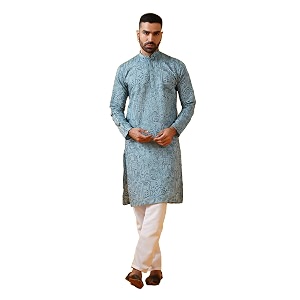 sojanya since 1958 men39s cotton silk kantha thread embroidered kurta with white pyjama