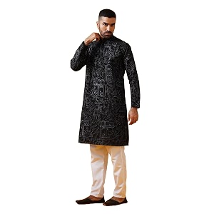 sojanya since 1958 men39s cotton silk kantha thread embroidered kurta with white pyjama