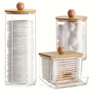 soko 3 pc set qtip holder with bamboo lids  clear cotton swab storage dispenser jar  makeup vanity countertop cosmetic organizer  bathroom canister accessories for ball round pads floss earbud