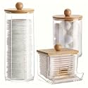 Soko 3 PC set Qtip Holder with Bamboo Lids | Clear Cotton Swab Storage Dispenser Jar | Makeup Vanity Countertop Cosmetic Organizer | Bathroom Canister Accessories for Ball, Round Pads, Floss, Earbud