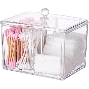 soko 2 pack qtip holder with bamboo lids cotton swab storage dispenser acrylic vanity countertop cosmetic makeup organizer - bathroom canister accessories set for ball pads floss earbud - 2 pc