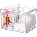 Soko 2 Pack Qtip Holder with Bamboo Lids, Cotton Swab Storage Dispenser, Acrylic Vanity Countertop Cosmetic Makeup Organizer - Bathroom Canister Accessories Set for Ball, Pads, Floss, Earbud - 2 PC