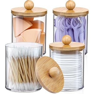 soko 4 pack qtip holder with bamboo lids cotton swab storage dispenser acrylic vanity countertop cosmetic makeup organizer - bathroom canister accessories set for ball pads floss earbud - 4 pc