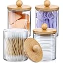 Soko 4 Pack Qtip Holder with Bamboo Lids, Cotton Swab Storage Dispenser, Acrylic Vanity Countertop Cosmetic Makeup Organizer - Bathroom Canister Accessories Set for Ball, Pads, Floss, Earbud - 4 PC