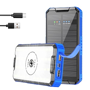 solar charger 30000ma pd20w powerbank amp 10w qi wireless portable phone charger power bank quick charge 30 type c battery charger with camping light compatible with laptop iphone android mobile