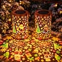 Solar Christmas Lantern Outdoor2 Pack, Hanging Metal Projection Lantern with Snowman Santa Tree Cutout Design, Warm White Multicolor LED Christmas Decor, Waterproof IP65, for Patio Garden Porch Yard