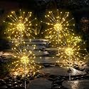 Solar Garden Firework Lights Outdoor Waterproof, 4 Pack Solar Lighting with 8 Lighting Modes, 120 LED Sparklers String Lights for Outside Decor Yard Pathway Decorations(Warm)