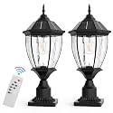 Solar Lamp Post Lights Outdoor with Remote, 20.8" Large Black Aluminum LED Solar Column Light with Pier Mount Base, Dusk to Dawn Waterproof Pole Lights for Pillar, Gate, Fence, Driveway(2 Pack)