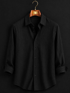 Solbiza Men Striped Casual Black Shirt