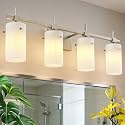 SOLFART 4 Light Bathroom Vanity Lights Over Mirror, Vintage Bathroom Lighting Brushed Nickel Wall Sconce with Milky White Glass Shade