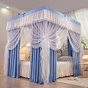 Solid Blue Bed Canopy Curtain Double Layer Princess Mosquito Net for Girls and Adults 4 Corners Post with Ruffle Decoration California King Size