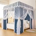 Solid Color Bed Canopy Curtain with Ruffle Princess Mosquito Net Double Layer Design for Girls and Adults Bedroom Decoration 3 Opening Netting Blue Color 4 Corners Post Bed Canopy