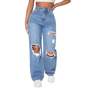Solid High Waist Ripped Straight Leg Pant