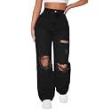 Solid High Waist Ripped Straight Leg Pant