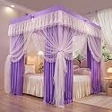 Solid Purple 4 Corners Post Bed Canopy Curtain Double Layer Princess Mosquito Net for Girls Adults Bedroom Decoration Ruffle Design Queen Size Opening Netting