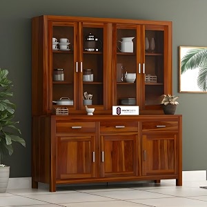 solid sheesham wood cabinet with acrylic glass doors and large storage drawers wooden crockery unit for dining room kitchen display sideboard home furniture