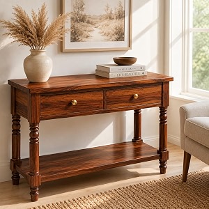 solid sheesham wood console table for living room furniture  entryway hallway sofa table with 2 drawer amp shelf storage  wooden entrance table