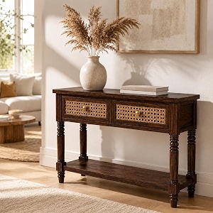solid sheesham wood console table for living room furniture  entryway hallway sofa table with cane 2 drawer amp shelf storage  wooden entrance table