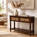Solid Sheesham Wood Console Table for Living Room Furniture | Entryway Hallway Sofa Table with Cane 2 Drawer & Shelf Storage | Wooden Entrance Table