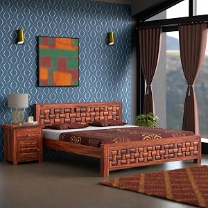 solid sheesham wood king size bed with 2 bedside tables  wooden platform bed frame with handcrafted woven panel design  modern bedroom furniture set  teak finish