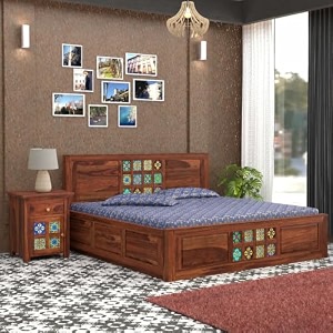 solid sheesham wood king size bed with 2 bedside tables for bedroom  wooden double bed with storage drawers amp decorative inlay design  modern platform bed with nightstands  honey finish
