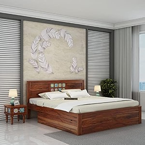 solid sheesham wood king size bed with 2 drawer storage in rajasthani traditional tile design for bedroom honey