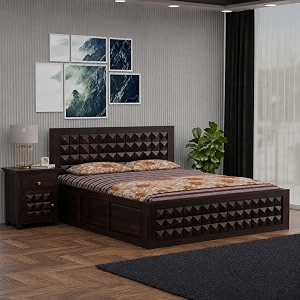 solid sheesham wood king size bed with 2 bedside tables  wooden platform storage bed frame with geometric carved headboard amp footboard  modern bedroom furniture set  walnut finish