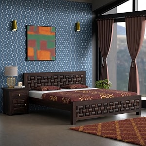 solid sheesham wood king size bed with 2 bedside tables  wooden platform bed frame with handcrafted woven panel headboard amp footboard  modern bedroom furniture set  walnut finish