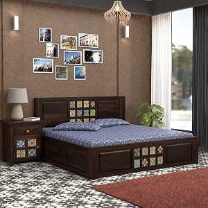 solid sheesham wood king size bed with 2 bedside tables  wooden platform bed with handcrafted ceramic tile inlay  modern bedroom furniture set  durable bed frame  walnut finish
