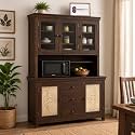 Solid Sheesham Wood Kitchen Cabinet with Acrylic Glass Doors Hutch,Crockery Cabinet with Display Shelves,Handmade Wooden Storage Cabinet, Dark Walnut Finish.