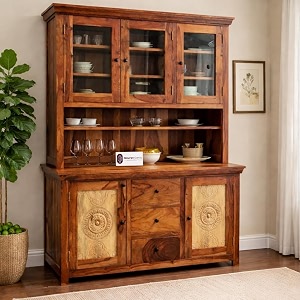 solid sheesham wood kitchen hutchcrockery cabinet with glass doors shelves amp drawers natural teak brown