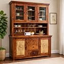 Solid Sheesham Wood Kitchen Hutch/Crockery Cabinet with Glass Doors, Shelves &amp; Drawers (Natural Teak Brown)