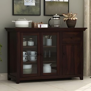 solid sheesham wood sideboard buffet cabinet with acrylic glass doors and storage drawer premium wooden crockery unit for dining room living room kitchen home furniture